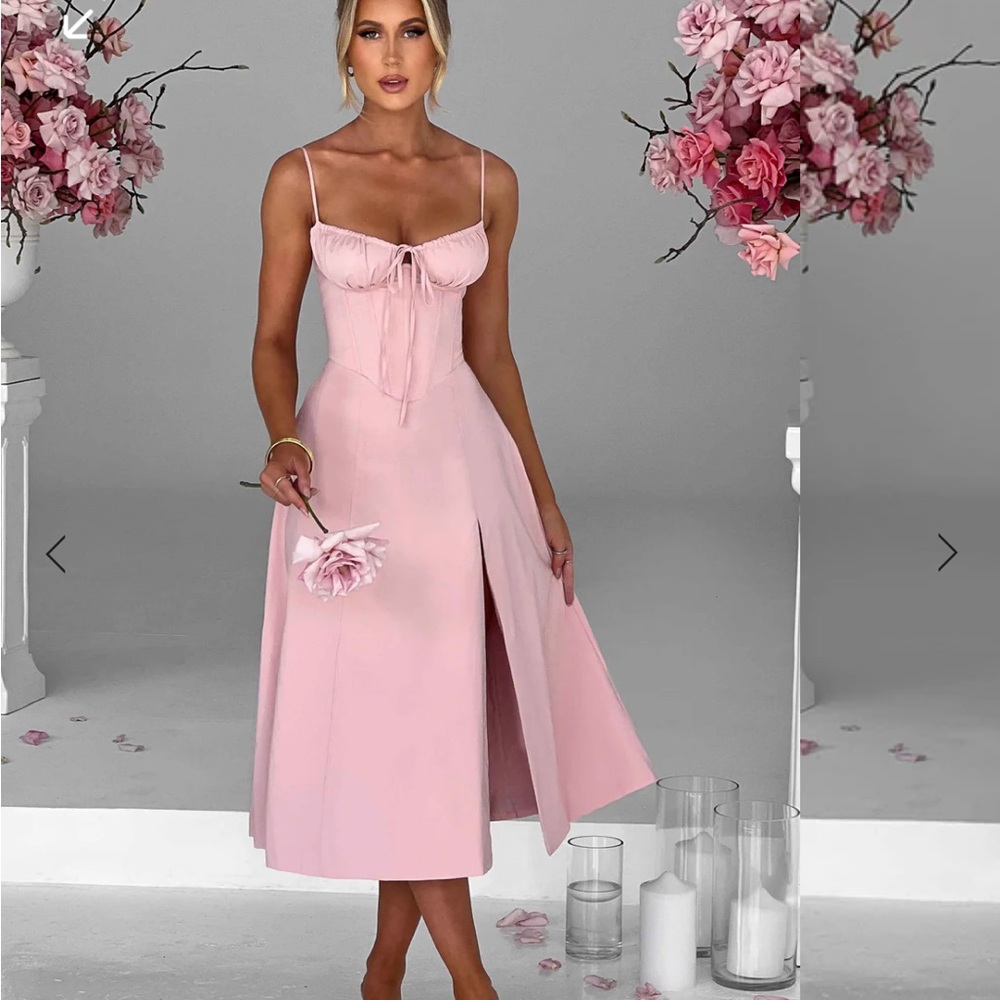 Babyboo Deanna Midi: Pink Pleated Bustier Midi Dress